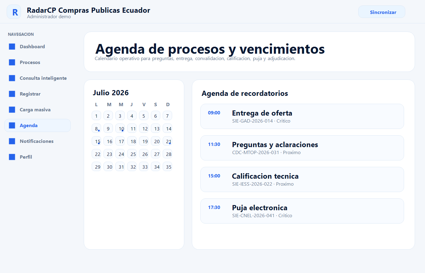 Agenda de vencimientos en RadarCP Compras Publicas Ecuador