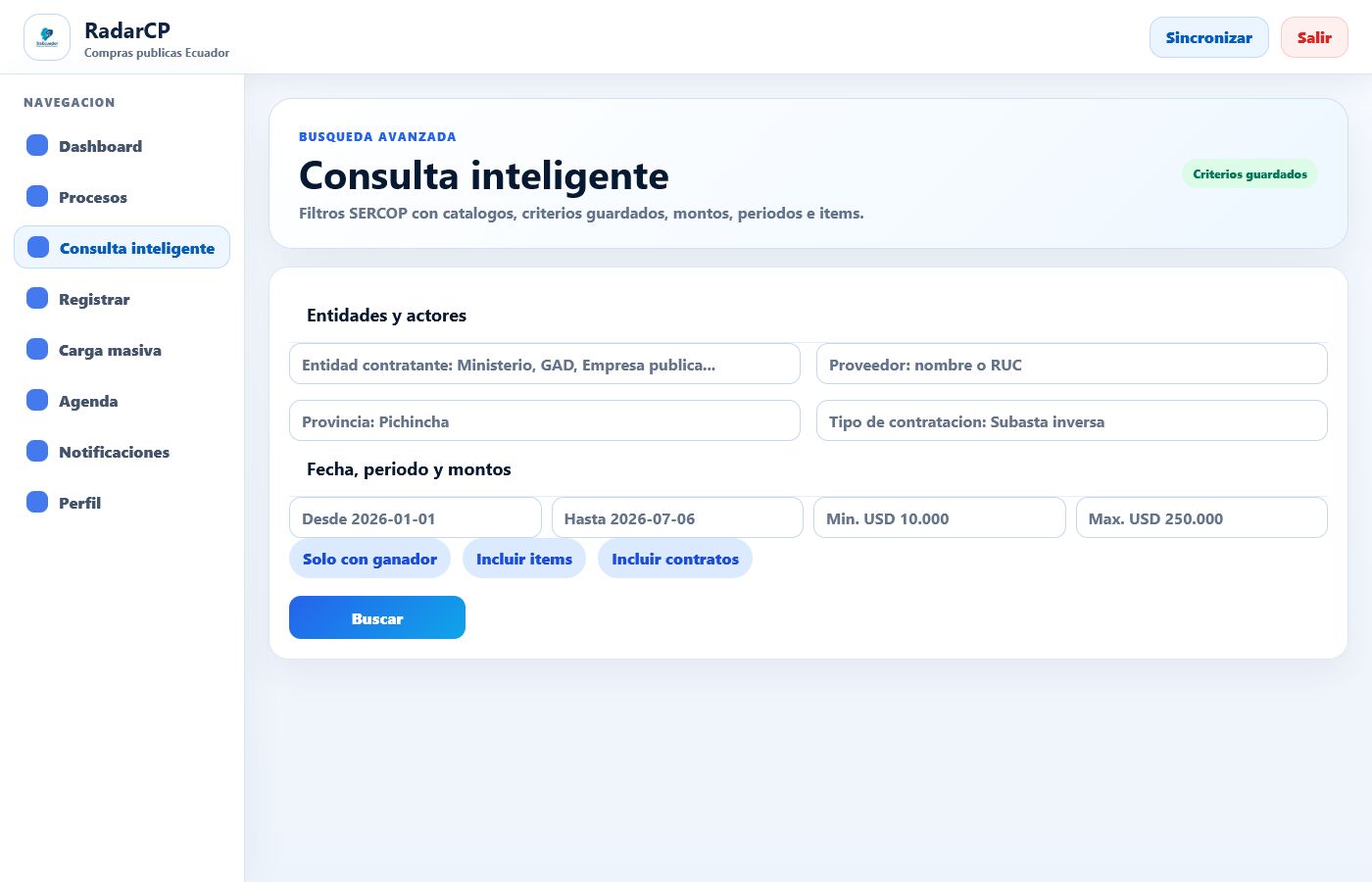 Consulta inteligente de procesos SERCOP en RadarCP Compras Publicas Ecuador