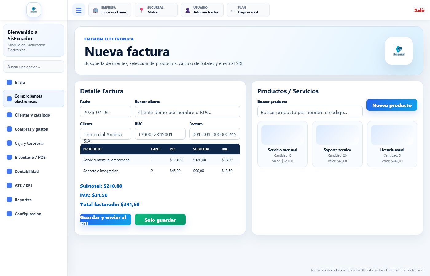 Pantalla de emision de factura en NexoSRI