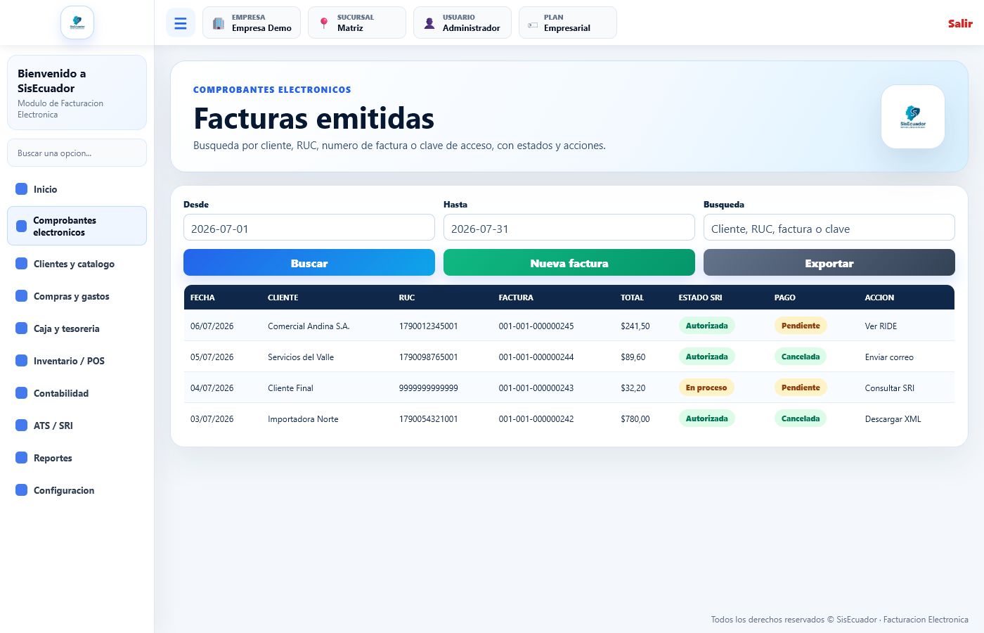 Listado de facturas emitidas en NexoSRI
